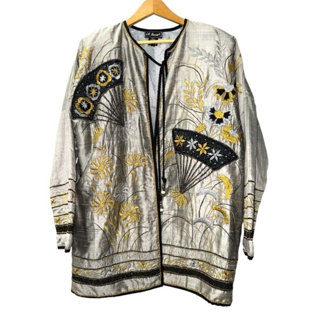 Vtg.‎ J.A. Resort Silk Beaded Jacket Womens Medium Pre-Owned Embroidered Kimono
